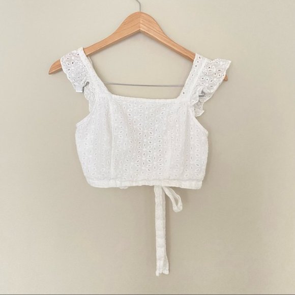 SHEIN White Eyelet Flutter Sleeve Tie Back Crop Top - Picture 3 of 8